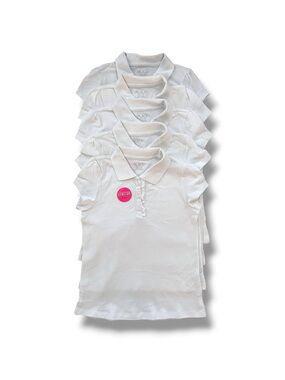 5 Pk NWT Girls White Uniform Ruffle Soft Stretch Pique Polo Shirt Size M 7/8